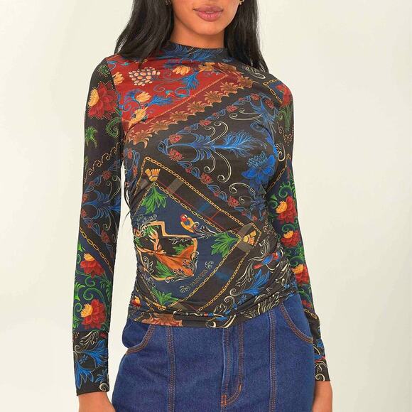 NWT Farm Rio Black Mixed Arabesque Scarves Jersey Blouse Size XS - Picture 1 of 7